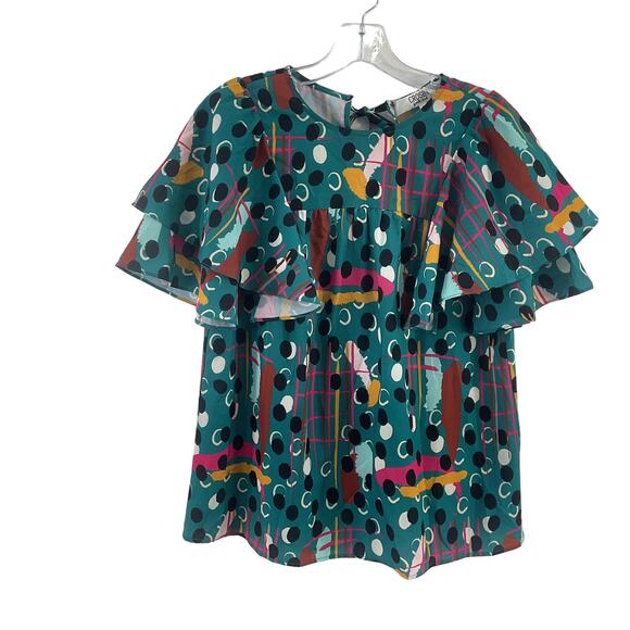 Crosby by Mollie Burch Turquoise Polka Dot Print Ruffled Sleeves Blouse Womens S - Picture 1 of 4